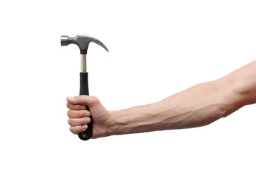 Male hand is holding a hammer isolated on the white background.