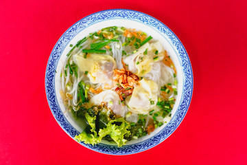 Vietnamese Noodles with Pork and Shrimp Recipe bowl on the red carpet 