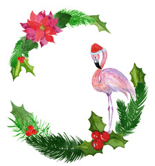 Naklejka premium Watercolor Christmas wreath poinsettia with flamingo.