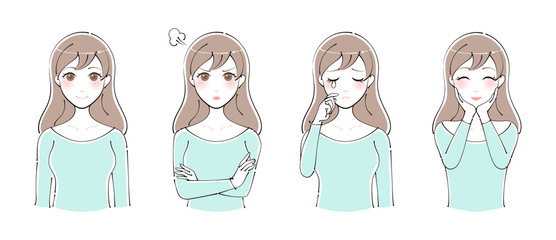 女性のイラスト　表情セット