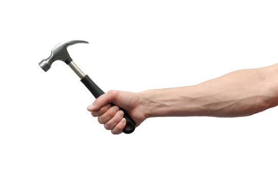 Male hand is holding a hammer isolated on the white background.