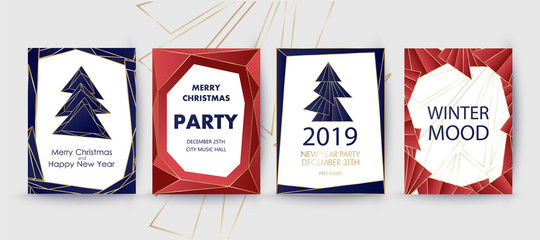New Year and Merry Christmas party invitation, background. Geometric art style design with holiday tree.