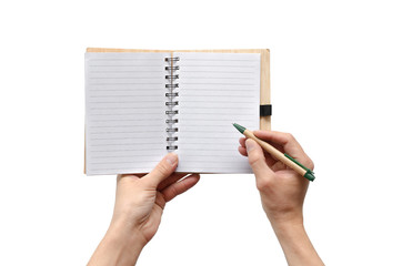 Blank page notepad with copy space and pen in the businessman hands isolated on white background.