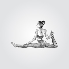 Hand drawn woman practicing yoga, stretching exercise. Vector illustration of yoga pose in sketch style isolated on white background. 