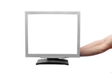 TV computer monitor with blank screen in the male hand isolated on white background.