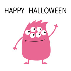 Happy Halloween. Cute pink monster icon. Cartoon colorful scary funny character. Eyes, hair, holding hands up, waving hand. Funny baby collection. White background Isolated. Flat design.