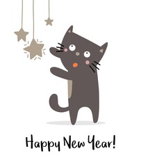 Happy cute cat with New Year stars. Holiday winter animal illustration vector greeting card