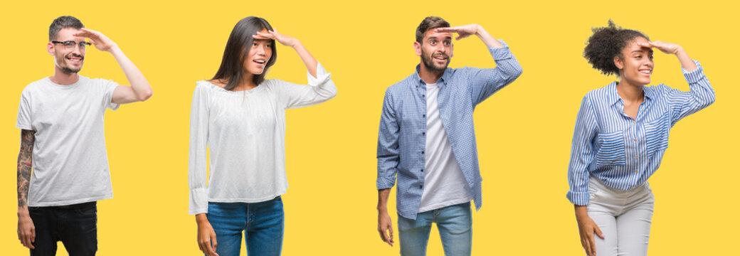 Collage of group people, women and men over colorful yellow isolated background very happy and smiling looking far away with hand over head. Searching concept.