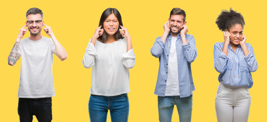 Collage of group people, women and men over colorful yellow isolated background covering ears with fingers with annoyed expression for the noise of loud music. Deaf concept.
