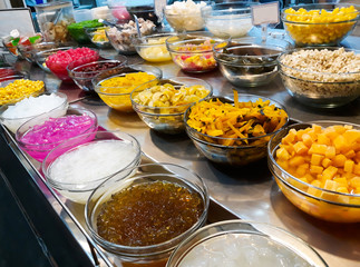 Sweet topping of snow ice dessert ,Thai style in Thailand.