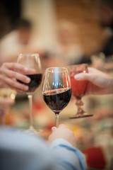 Banquet table in the restaurant. Wine glasses