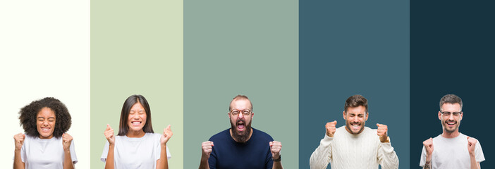 Obraz premium Collage of group of young people over colorful isolated background excited for success with arms raised celebrating victory smiling. Winner concept.