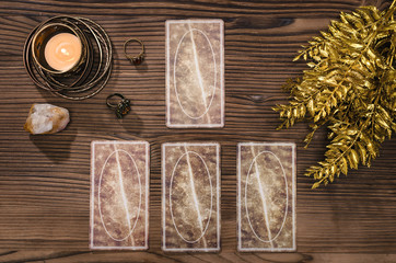 Tarot cards on fortune teller desk table background. Futune reading concept. Divination.