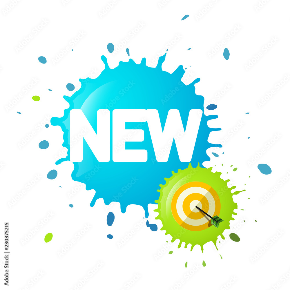 Poster new symbol on splash with dart on target. business vector icon.