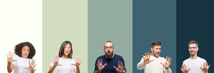 Fototapeta premium Collage of group of young people over colorful isolated background afraid and terrified with fear expression stop gesture with hands, shouting in shock. Panic concept.