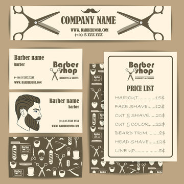Hair salon barber shop vintage business cards and prices design template set. Vector illustration