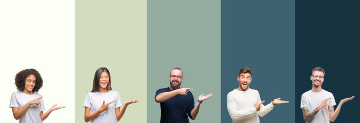 Collage of group of young people over colorful isolated background amazed and smiling to the camera while presenting with hand and pointing with finger.
