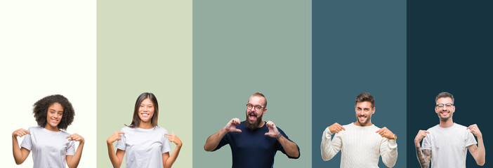 Collage of group of young people over colorful isolated background looking confident with smile on face, pointing oneself with fingers proud and happy.