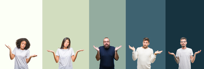 Collage of group of young people over colorful isolated background clueless and confused expression...