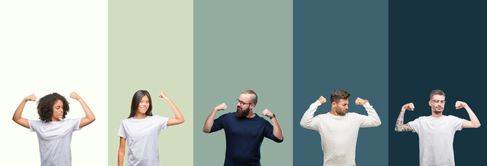 Obraz premium Collage of group of young people over colorful isolated background showing arms muscles smiling proud. Fitness concept.