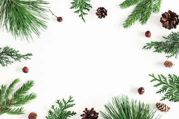 Christmas composition. Coniferous tree branches on white background. Christmas, winter, new year concept. Flat lay, top view, copy space