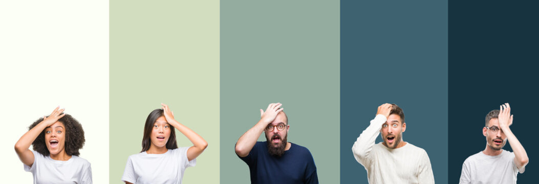 Collage of group of young people over colorful isolated background surprised with hand on head for mistake, remember error. Forgot, bad memory concept.