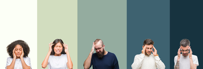 Obraz premium Collage of group of young people over colorful isolated background with hand on head for pain in head because stress. Suffering migraine.