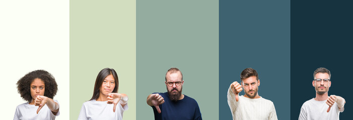 Collage of group of young people over colorful isolated background looking unhappy and angry showing rejection and negative with thumbs down gesture. Bad expression.