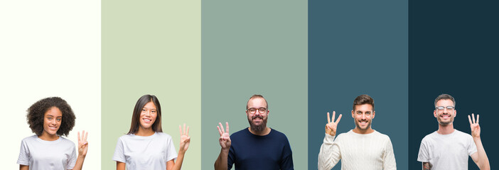Fototapeta premium Collage of group of young people over colorful isolated background showing and pointing up with fingers number three while smiling confident and happy.