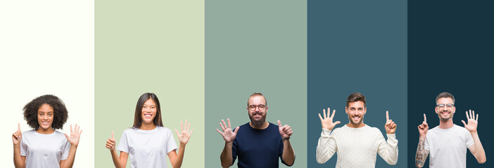 Obraz premium Collage of group of young people over colorful isolated background showing and pointing up with fingers number six while smiling confident and happy.