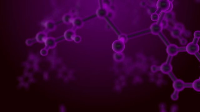 Molecule structure under microscope, floating in fluid with purple background