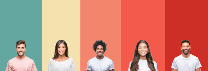 Collage of different ethnics young people over colorful stripes isolated background with a happy and cool smile on face. Lucky person.