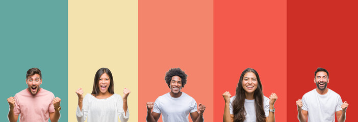 Collage of different ethnics young people over colorful stripes isolated background celebrating surprised and amazed for success with arms raised and open eyes. Winner concept.