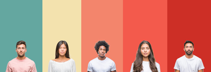 Collage of different ethnics young people over colorful stripes isolated background Relaxed with...