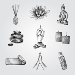 Hand Drawn Yoga elements and accessories Sketches Set. Collection Of posture of namaste, Lotus, statuette of a buddha, Aroma sticks, Yoga Mat, basalt stones, detox sketches on white background