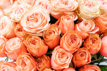 Roses peach and orange pastel colors. Bright bouquet in metal bucket. concept of flower shop.