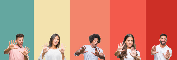 Fototapeta premium Collage of different ethnics young people over colorful stripes isolated background afraid and terrified with fear expression stop gesture with hands, shouting in shock. Panic concept.