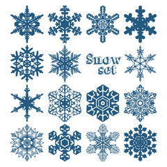 Set of snowflakes of different shapes on a white background. Detailed image.