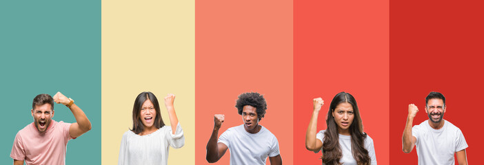 Collage of different ethnics young people over colorful stripes isolated background angry and mad raising fist frustrated and furious while shouting with anger. Rage and aggressive concept.