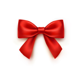 Bow isolated on white background. Vector Christmas red satin ribbon with shadow, xmas wrap element template.