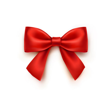 Bow Isolated On White Background. Vector Christmas Red Satin Ribbon With Shadow, Xmas Wrap Element Template.