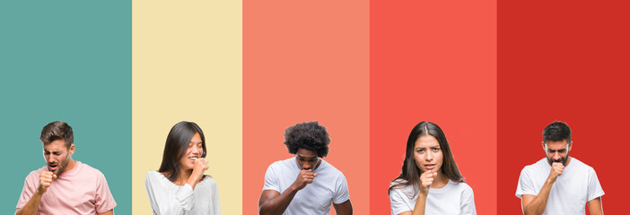 Collage of different ethnics young people over colorful stripes isolated background feeling unwell...