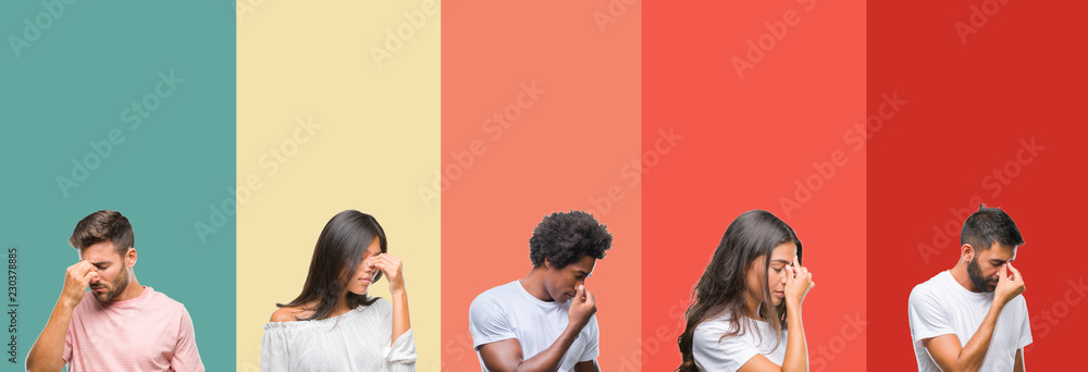 Sticker Collage of different ethnics young people over colorful stripes isolated background tired rubbing nose and eyes feeling fatigue and headache. Stress and frustration concept.