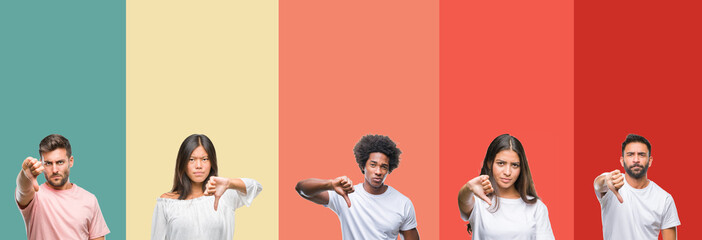 Collage of different ethnics young people over colorful stripes isolated background looking unhappy and angry showing rejection and negative with thumbs down gesture. Bad expression.