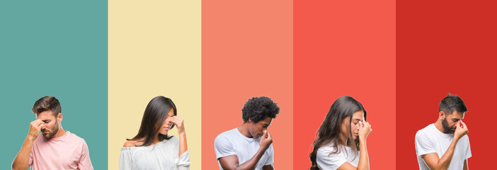 Fototapeta premium Collage of different ethnics young people over colorful stripes isolated background tired rubbing nose and eyes feeling fatigue and headache. Stress and frustration concept.