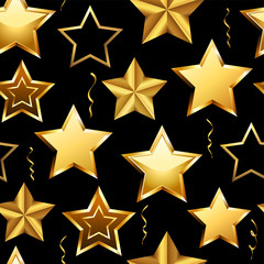 Shiny Seamless pattern of realistic golden 3D stars and confetti isolated on black background.