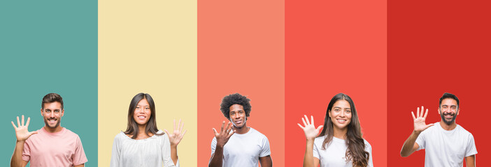 Fototapeta premium Collage of different ethnics young people over colorful stripes isolated background showing and pointing up with fingers number five while smiling confident and happy.