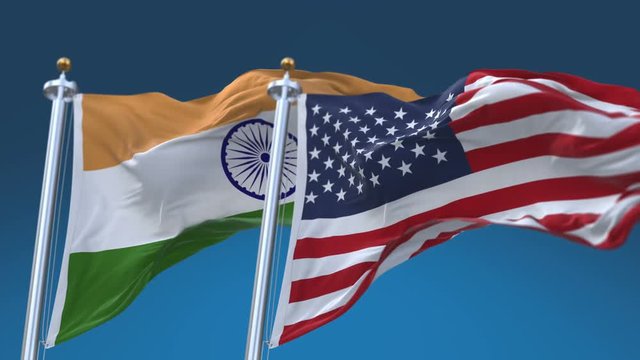 4k Seamless United States of America And India Flags with blue sky background,A fully digital rendering,The flag 3D animation loops at 20 seconds,USA IND IN.