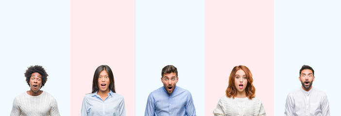 Collage of group of young people over colorful isolated background afraid and shocked with surprise expression, fear and excited face.