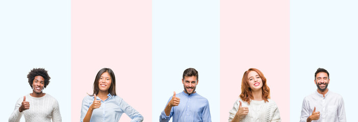 Fototapeta premium Collage of group of young people over colorful isolated background doing happy thumbs up gesture with hand. Approving expression looking at the camera with showing success.